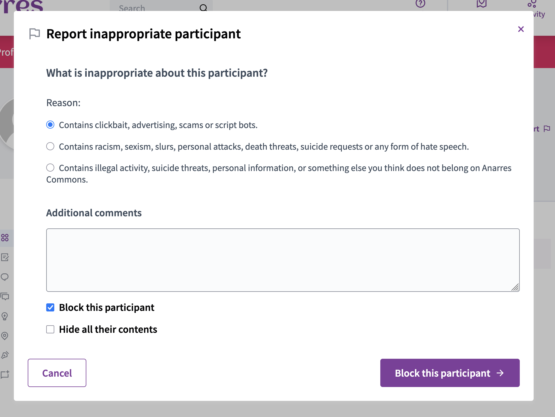 Give reason for reporting a participant modal administrators