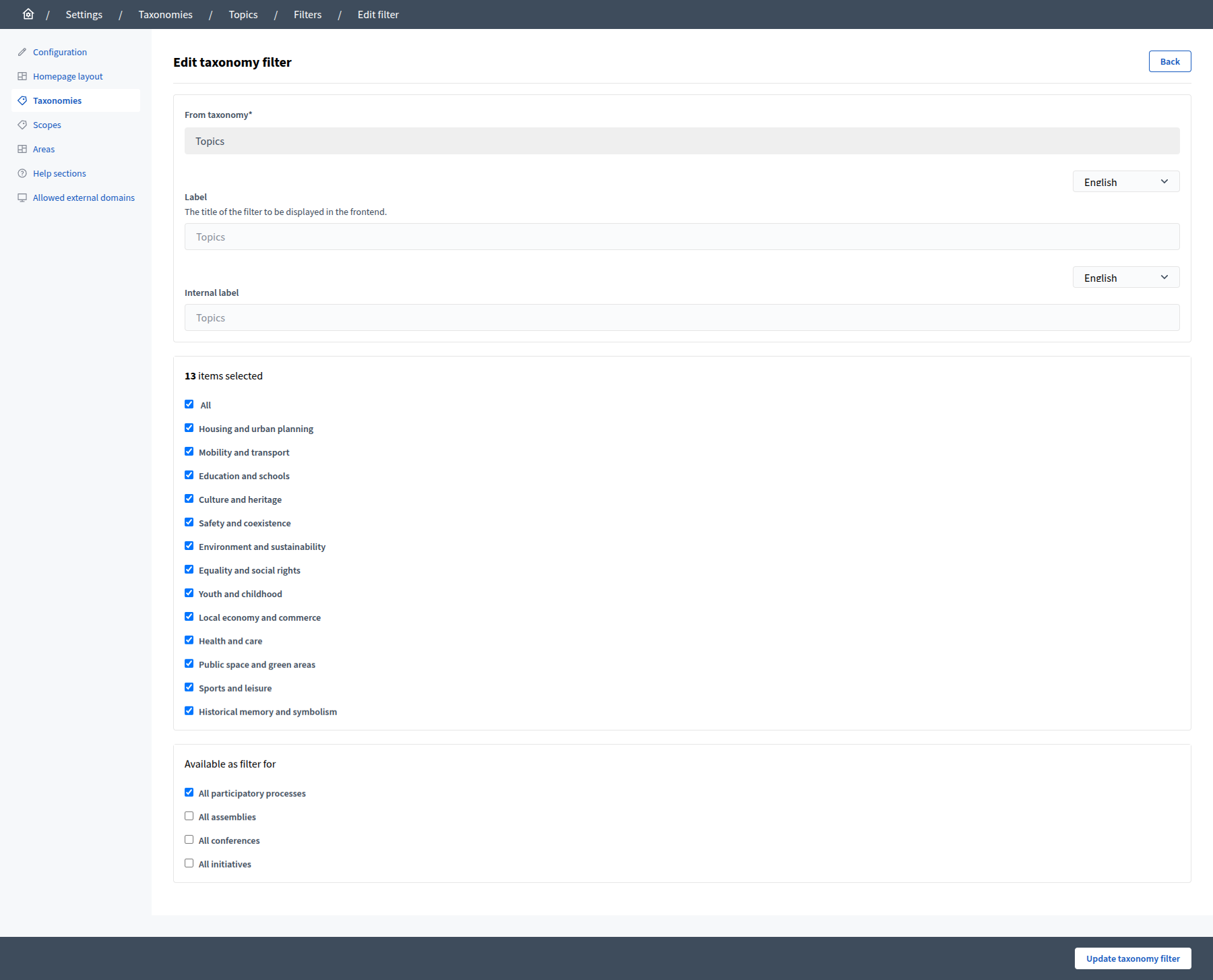 Taxonomies space configuration