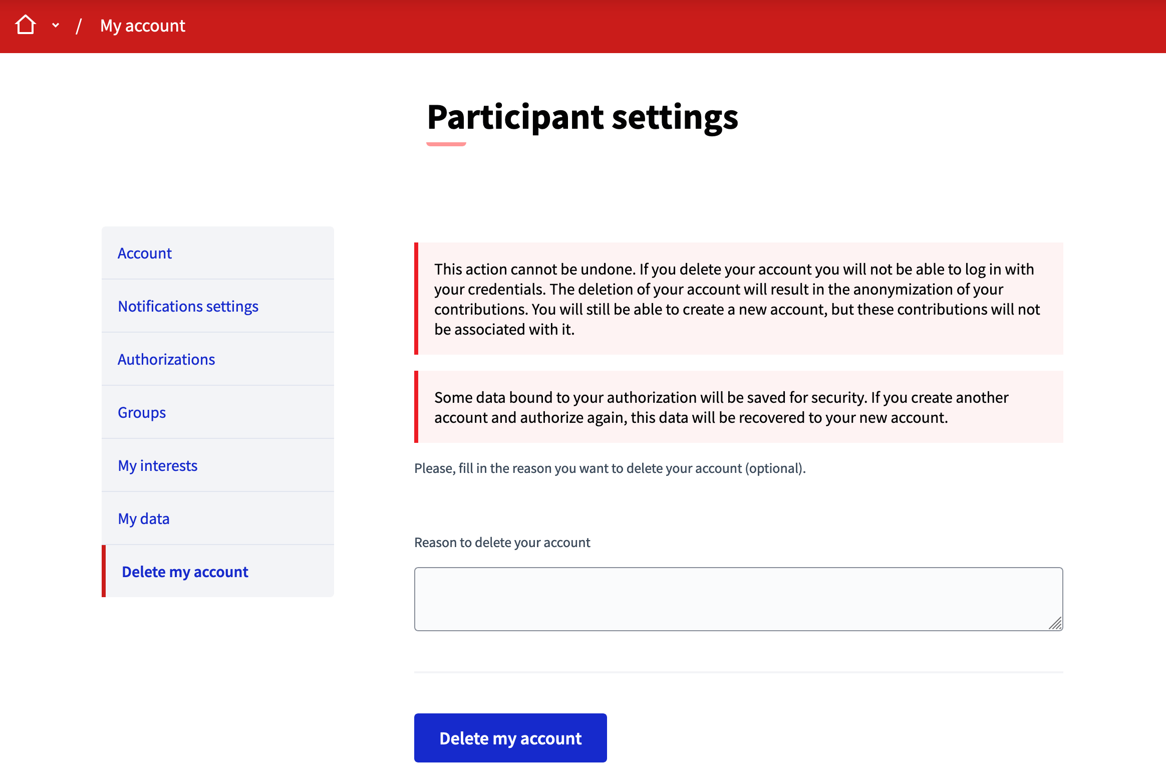 Supprimer le formulaire de compte